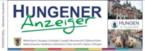 Titelblatt Hungener Anzeiger Titelblatt mit großer Schrift Hungener Anzeiger, Schäferstadt Logo, Fotos des Hungener Schlosses und einer Schafherde