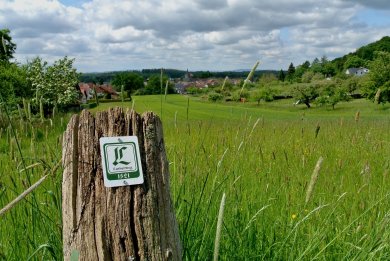 Markierung Lutherweg an Holzpfosten vor grünen Wiesen bei Nonnenroth