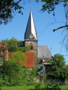 Stadtkirche Hungen idyllisch hinter Häusern und Bäumen